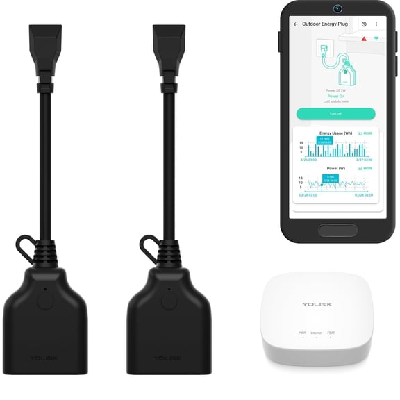YoLink Smart Outdoor Plugs with Energy Monitoring & Hub Kit, Two 1800W 15A Smart Plugs, Compatible with Alexa, Google, IFTTT, 1/4 Mile World's Longest Range