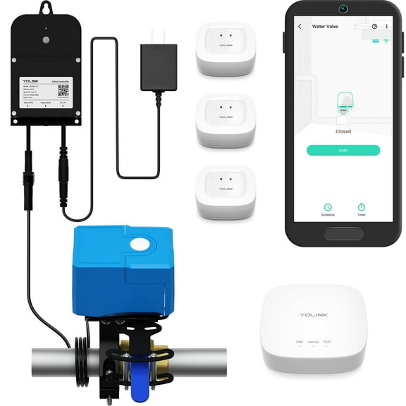 YoLink Smart Water Leak Protection System Kit: Bulldog Valve Robot, Smart Valve Controller 2, 3 Water Leak Sensors, Hub
