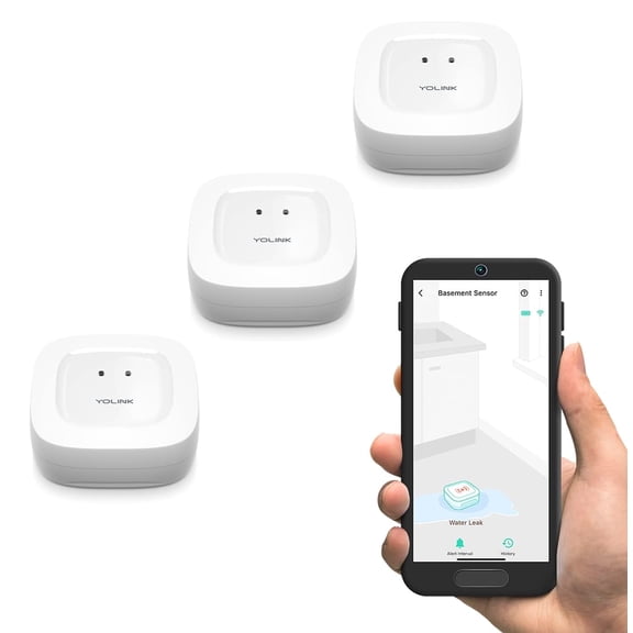 YoLink Water Leak Sensor 3-Pack, LoRa up to 1/4 mile Open-Air Range Smart Water Leak & Flood Detector, SMS/Text, Email & Push Notifications, w/Alexa, IFTTT, Home Assistant - YoLink Hub Required