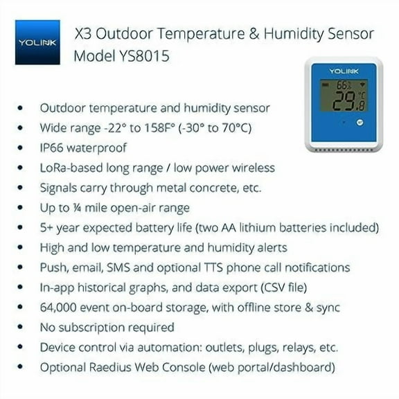 YoLink X3 Outdoor Temperature and Humidity Sensor with Data Logger, Thermometer, 1/4 Mile Range, 5+ Years Battery Life, Emails, Text, App Alerts, , IFTTT. Hub Required!