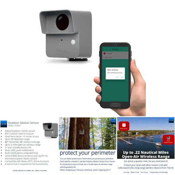 YoLink YS7805 LoRa Smart Outdoor Motion Detector Sensor with 1/4 Mile Range, Gray, Wall Mount, Email/SMS Alerts