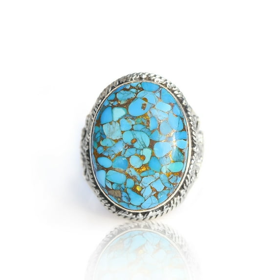 YoTreasure 15x20 MM Blue Copper Turquoise Ring 925 Sterling Silver Boho Rope Designed Gemstone Jewelry