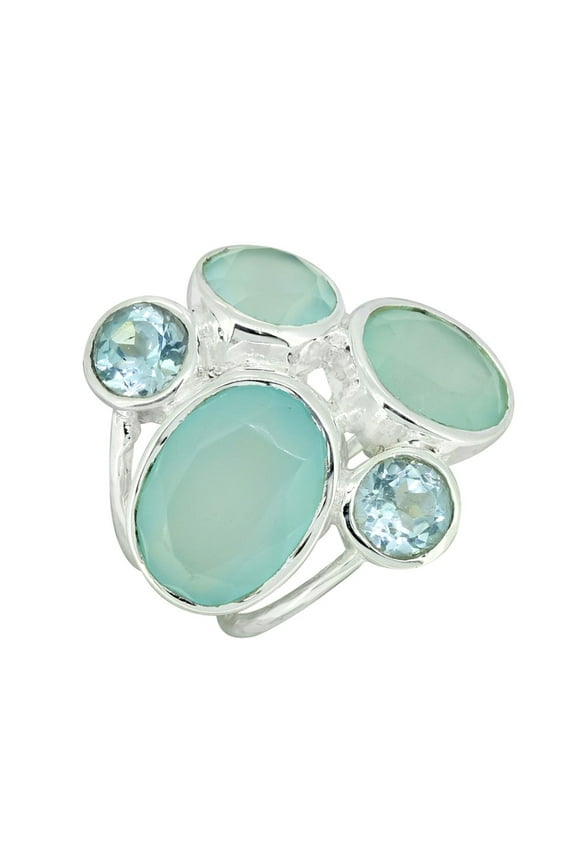 Aqua Chalcedony Blue Topaz 925 Sterling Silver Multi Gemstone Ring