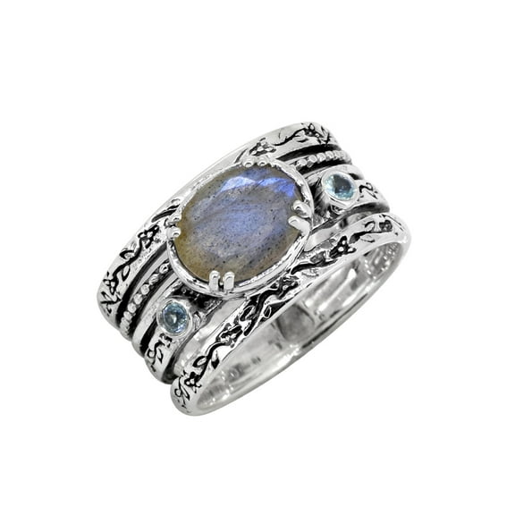 YoTreasure Labradorite Swiss Blue Topaz Solid 925 Sterling Silver Ring