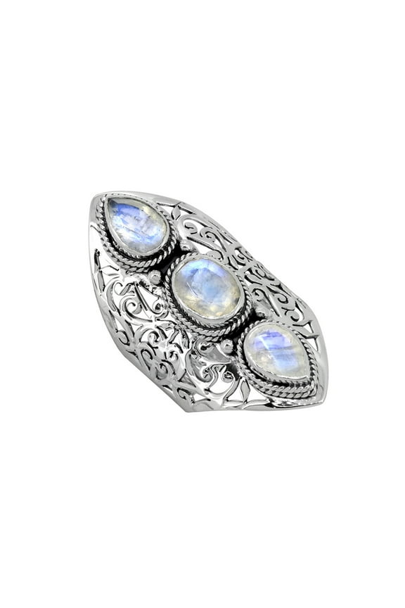 Moonstone Solid 925 Sterling Silver 3 Stone Ring Jewelry