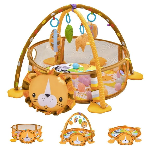 3-in-1 Baby Play Gym, Activity Mat with Hanging Toys, Ocean Balls, Lion Storage Bag, for Newborn Toddlers 0-3
