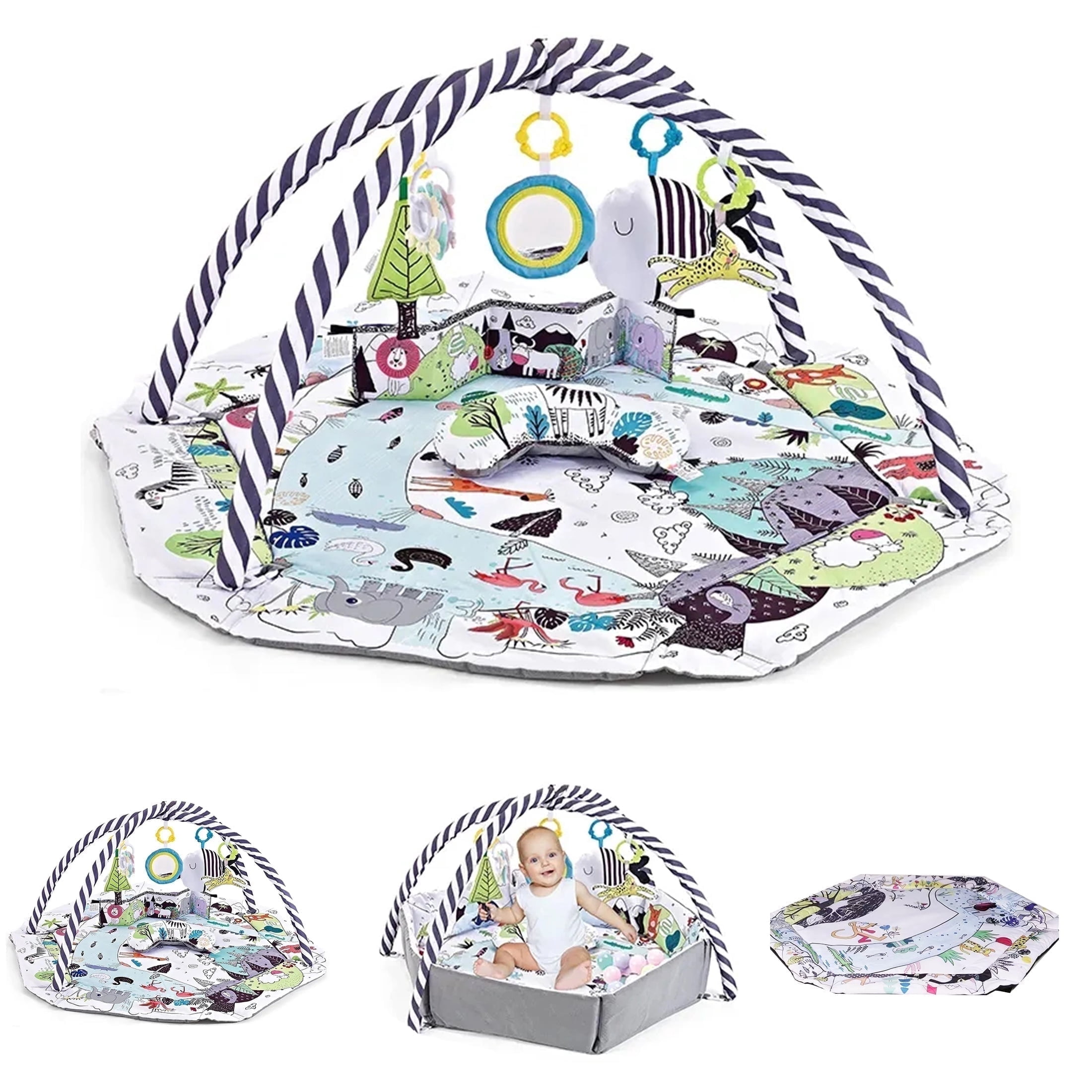 Baby Play Gym and Activity Mat - 4-in-1 Tummy Time Gym with Sensory Toys for Infants & Toddlers, White