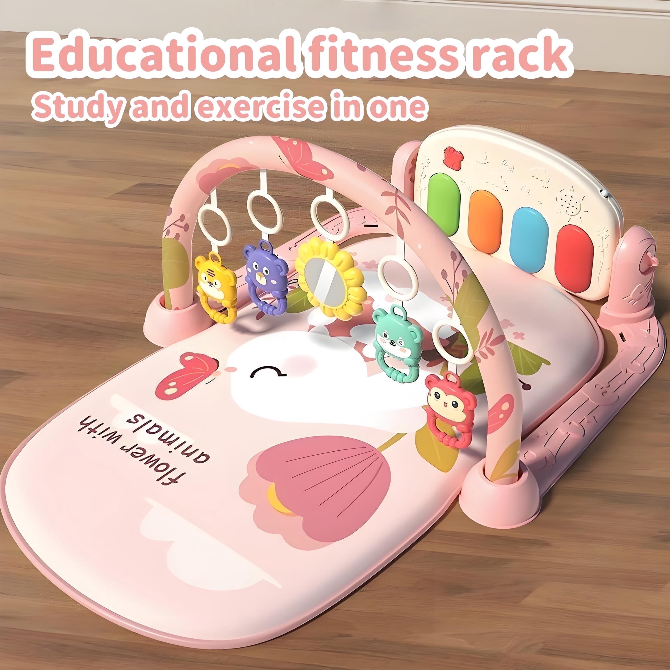 KOPPOP Baby Play Mat with Piano Toys, Tummy Time Activity Gym for Infants 0-12 Months, Bunny Playmat Newborn Gift Boy Girl