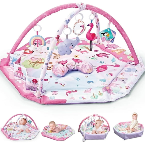 Baby Play Gym, 4-in-1 Baby Activity Gym & Tummy Time Play Mat, Infant Play mat, Combination Activity Gym for Sensory Exploration and Motor Skill Development from Baby to Toddler Pink