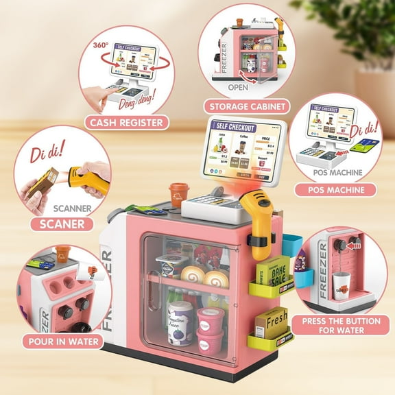 Cash Register for Kids, Pretend Play Toys with Scanner, Calculator, Play money, Toy Food, Math Games, Gift for Kids Ages 3+, Pink