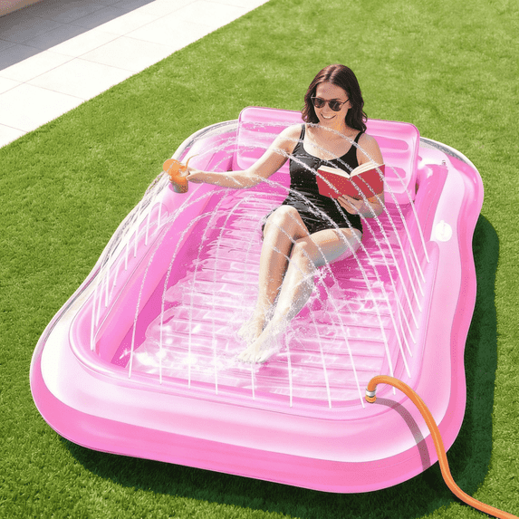 KOPPOP 77" x 48" XL Inflatable Tanning Pool Lounger Float with Sprinkler, 6-in-1 Suntan Tub Sunbathing Bed for Adults with Pillow & Cup Holder