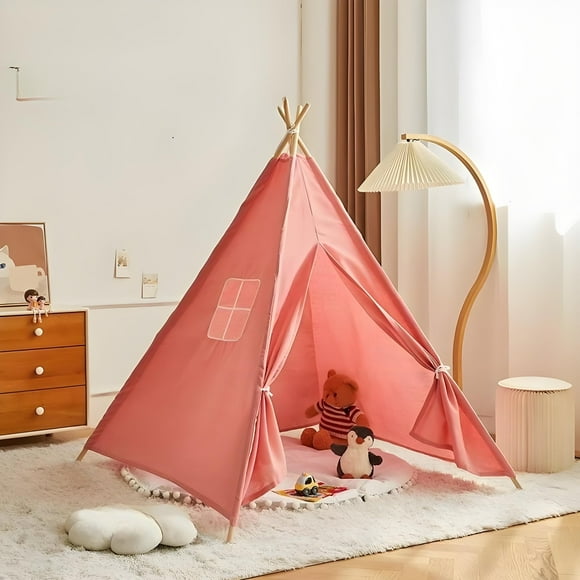 Teepee Tent for Kids, Toddler Play Tent Natural Cotton Canvas, Foldable Indoor Outdoor Play House Game for Girls & Boys, Pink