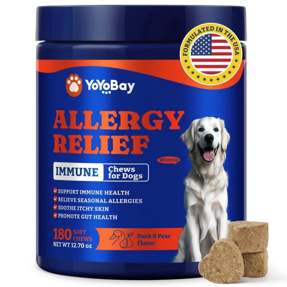 Dog Allergy Relief Chews – 180 Soft Chews, Duck & Pear Flavor - Immune Support & Itch Relief with Colostrum, Astragalus Root, 6-Strain Gut Health Blend