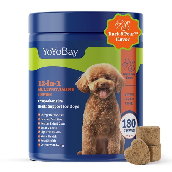 YoYoBay Dog Multivitamin Chewable Supplement - Dog Vitamins and Supplements - 180 Soft Chews, Duck & Pear Flavor - Joint, Skin & Coat Care - Vitamins A, B, C, D, E