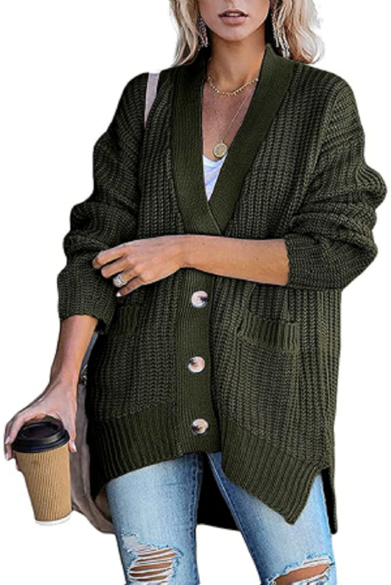 Yobecho Womens Chunky Knit Long Sleeve Button Down Cardigan Sweaters ...