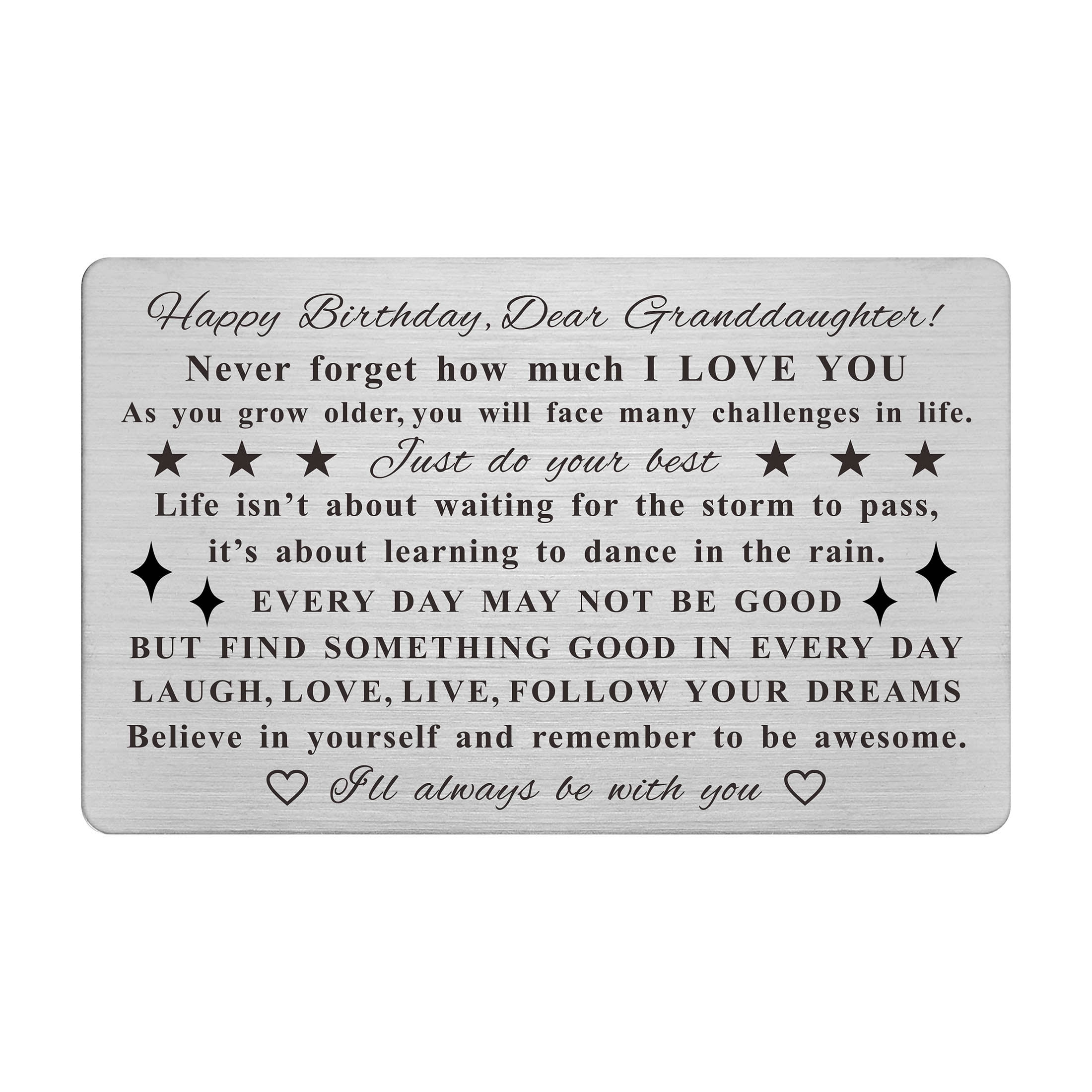 Yobent Granddaughter Birthday Card, Engraved (Stainless Steel Card)