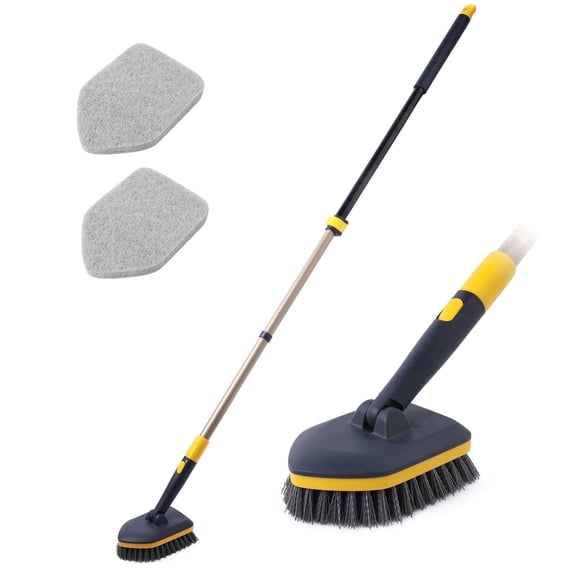 Yocada 2 in 1 Bath Tub Scrubber Brush with 58.2 in Extendable Long Handle Scouring Pads Bathroom Toilet Cleaning, Black