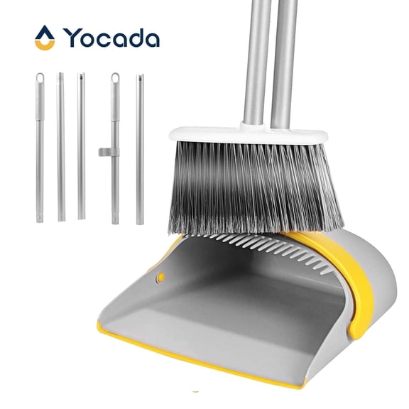 Yocada Broom and Dustpan Set Upright with Telescopic Iron Pole for Home Commercial Cleaning, Gray