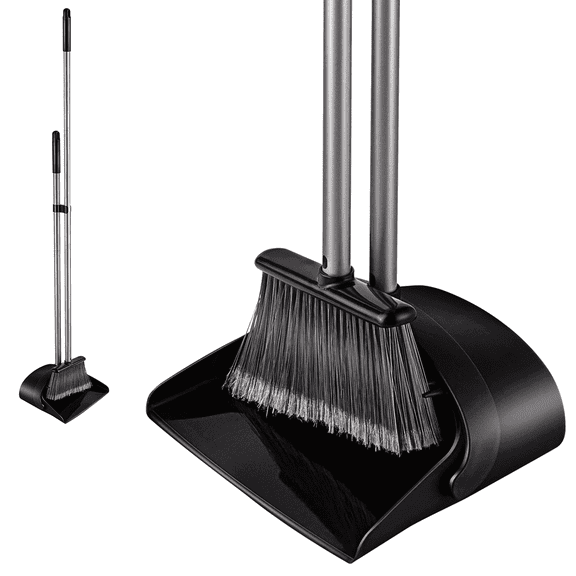 Yocada Upright Telescopic Iron Pole Iron Broom and Dustpan Set with Broom & Dustpan, Black
