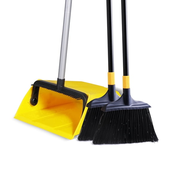 Yocada Brooms Dustpan 2+1 Set - Built-in Comb Long Handle,Wide 3-Layer Stiff Bristles Heavy-Duty for Indoor Outdoor Home Commercial Pet Hair Debris