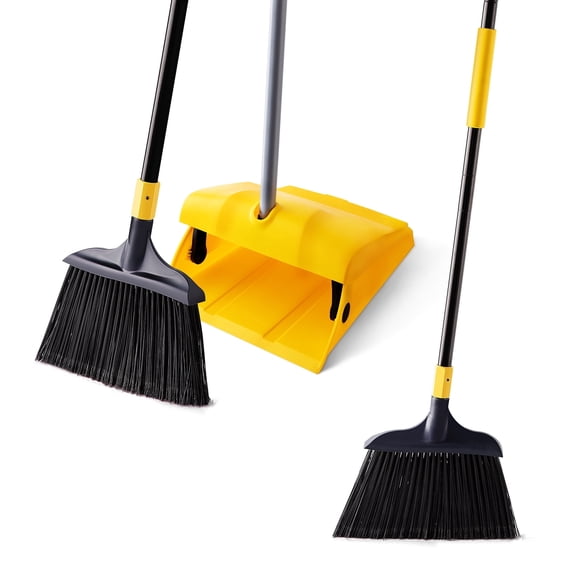 Yocada Heavy Duty Broom and Dustpan 2+1 Set 54" Iron Pole for Household Commercial Yellow&Black