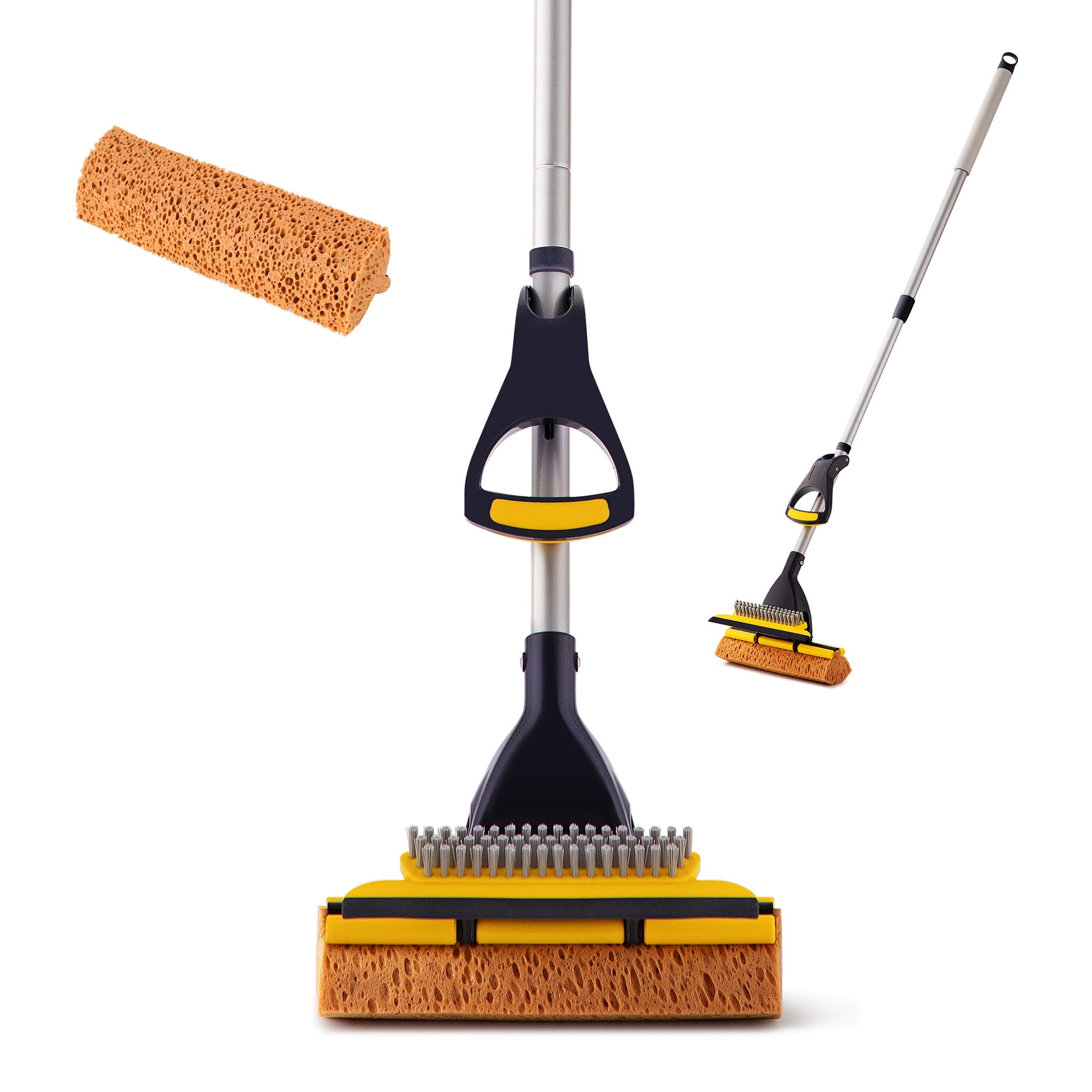 Yocada Sponge Mop Home Commercial Use Tile Floor Bathroom Garage Cleaning  with Total 2 Sponge Heads Squeegee and Extendable Telescopic Long Handle