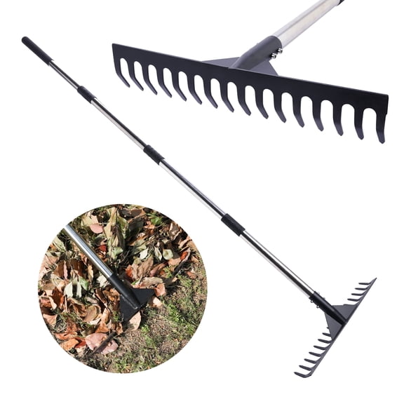 Yocada Thatch Rake 15.7" 16 Curved Tines 62" Adjustable Heavy Duty Stainless Steel Tool with Non-Slip Grip for Lawn Care