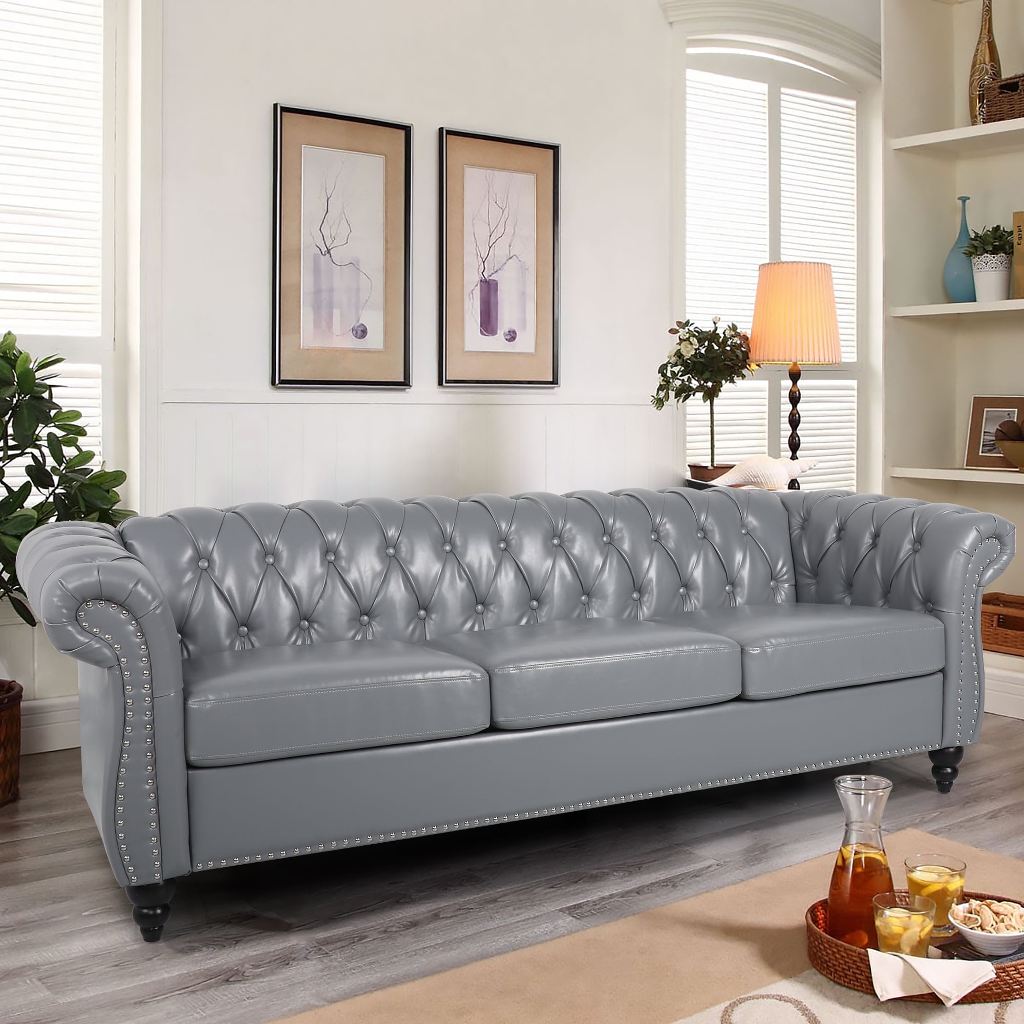 YOCWO 84 Faux Leather Sofa Couch 3 Seater Chesterfield Sofa Upholstered Rolled Arms Sofa with Nailhead Trim for Living Room Grey