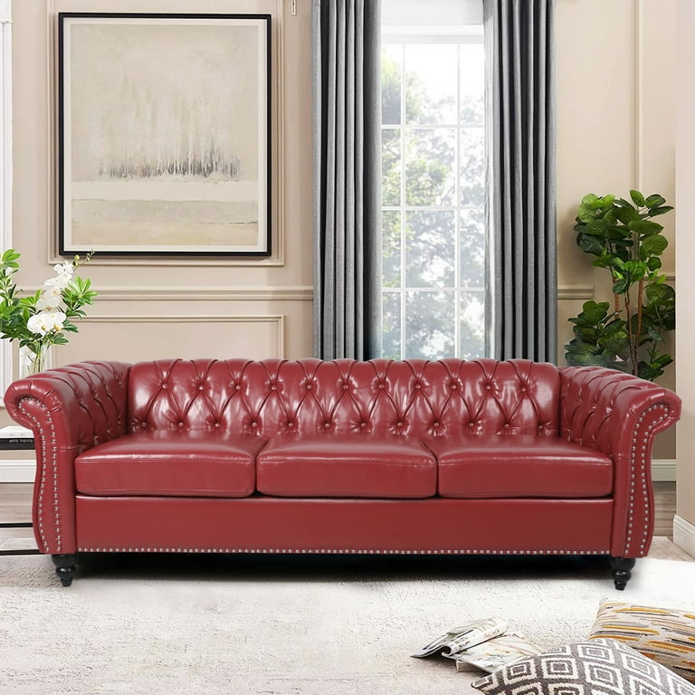 Yocwo 84 inch Faux Leather Sofa Couch 3 Seater Chesterfield Sofa Upholstered Rolled Arms Sofa with Nailhead Trim for Living Room Red