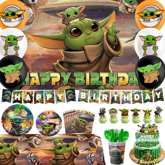 Yoda Birthday Decorations,112pcs Yoda Party Decorations&Tableware Set- Yoda Birthday Banner Balloons Cake Topper Plates Cups Tablecloth etc Yoda Party Supplies