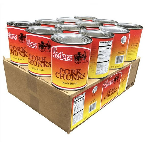 Yoder's Canned 10 Years Long Shelf Life Emergency Food Pork Chunks Meat Case, 28oz / 14 Servings /#2.5 /Can - 12 Cans