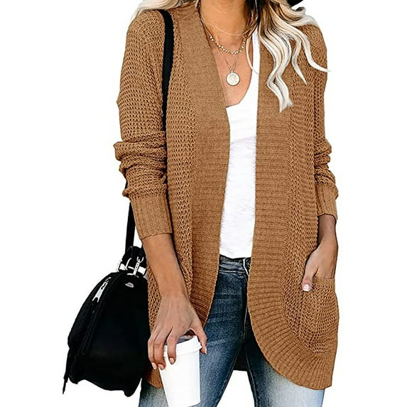 YODETEY Coat Women Casual Soild Long Sleeve Pocket Plush Long Knit Cardigan Sweater Brown 10(Xl)