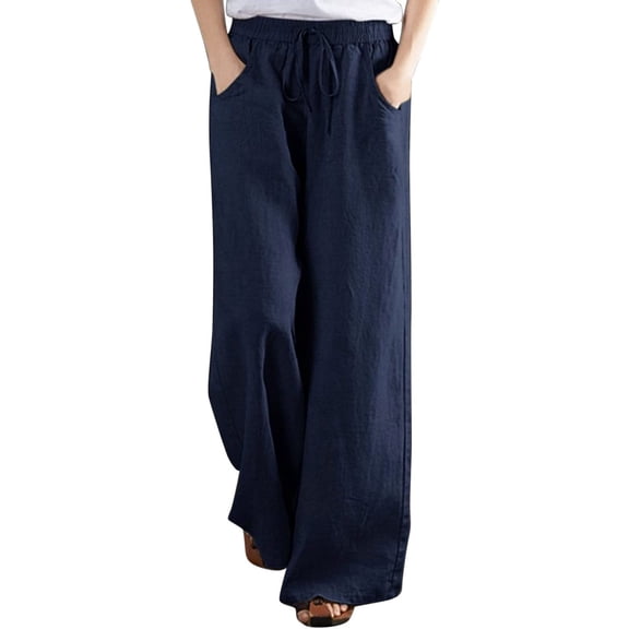 YODETEY Drawstring Waist Wide-Leg Lounge Pants - Women Casual Sweatpants Elastic Waist Drawstring Wide Leg Trousers Stretchy Summer Pants With Pocket