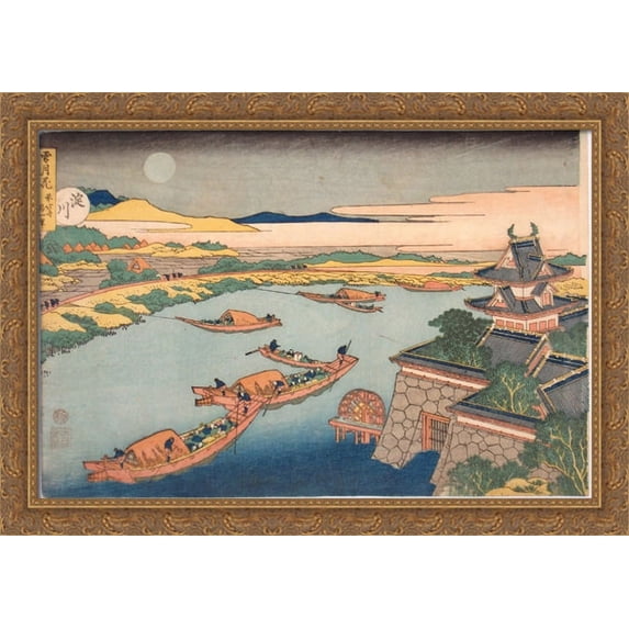 Yodo gawa from Setsugekka, Snow, Moon and Flowers 40x28 Large Gold Ornate Wood Framed Canvas Art by Katsushika Hokusai