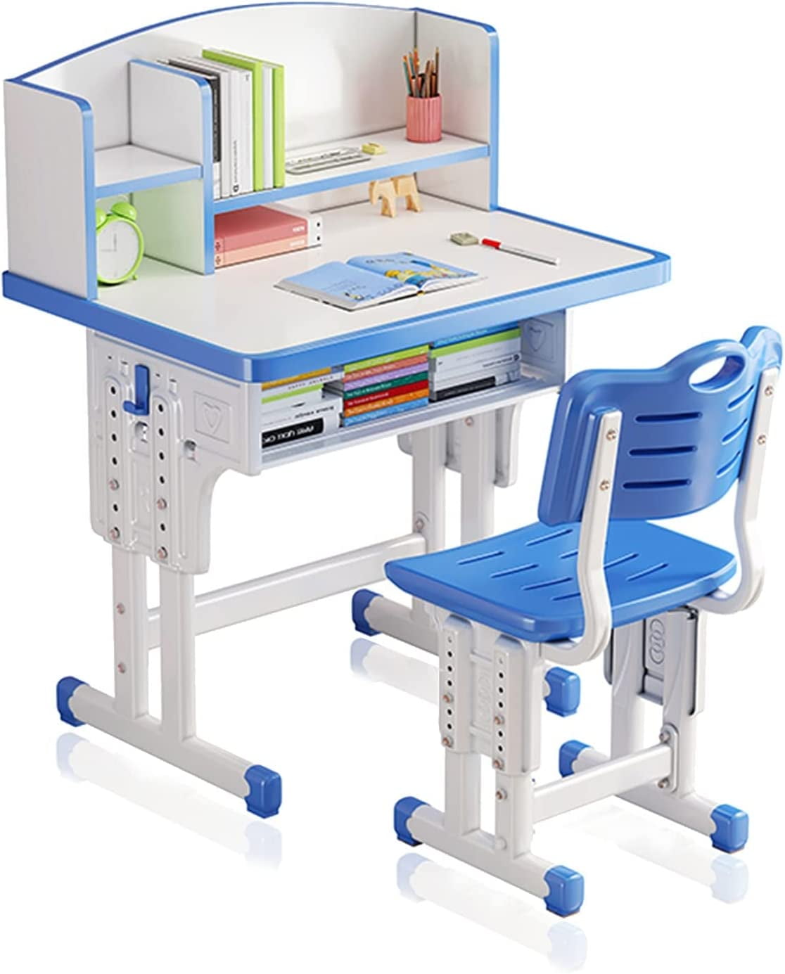 PUTEARDAT Toddler Desk and Chair Set - Height Adjustable Study Desk Ages  8-12, 23inch School Desk w/Drawer Storage&Book Stand Art Desk for Kids  (Blue)