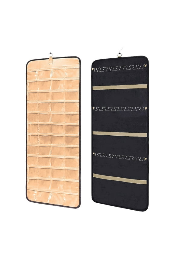 1PC Hanging Jewelry Organizer Storage Roll with Hanger Metal Hooks Double-Sided Jewelry Holder for Earrings, Necklaces, Rings for Closet, Door, Wall Mount Accessories 14X32 Inch