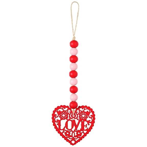 YoeXGDS 1PC Valentine's Day Wood Bead Garland with Love Heart Tag, Heart Hanging Wooden Ornaments for Farmhouse Tiered Tray Wedding Decorations Home Wall Hanging Decor 13inch