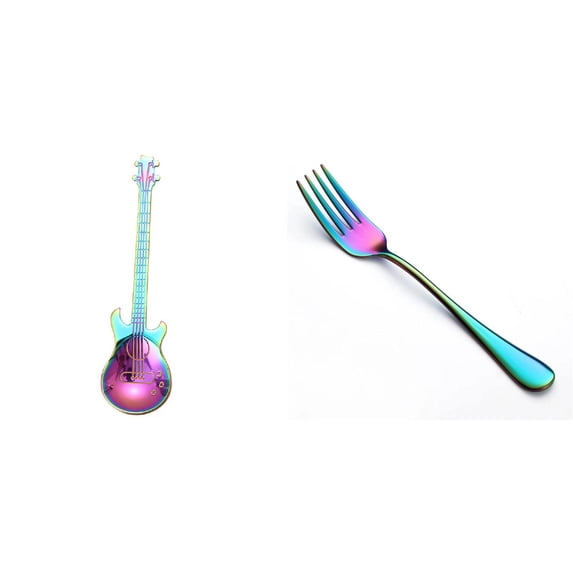 YoeXGDS 2PCS Rainbow Fork and Guitar Spoons , 7inch Rainbow Flatware Stainless Steel Forks, Cake Forks Spoons , Table Forks,Dessert Fork, Silverware Flatware Fork