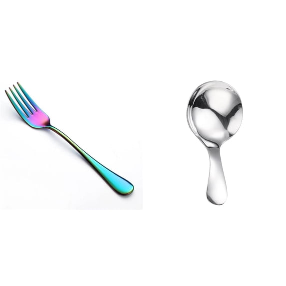 YoeXGDS 2PCS Rainbow Fork and Short Handle Spoons , 7inch Rainbow Flatware Stainless Steel Forks, Cake Forks Spoons , Table Forks,Dessert Fork, Silverware Flatware Fork