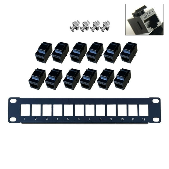 Yoetaun 12 Port Straight-through CAT6 Panel RJ45 Cable Adapter Ethernet Distribution Frame UTP 19in Black