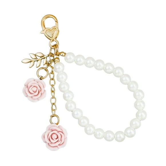 Elegant Rose Pearls Keychain Resin Flowers and Alloy Clasp Keyring Beaded Key Chain Accessories for Fashionable Women Light Purple