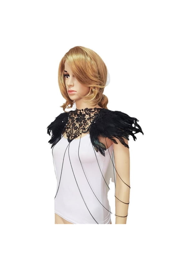 Feathered Harness Lace Collar Necklace Bib Halloween Cosplay Costume Feathered Epaulette Lace Shoulder Necklace Chain