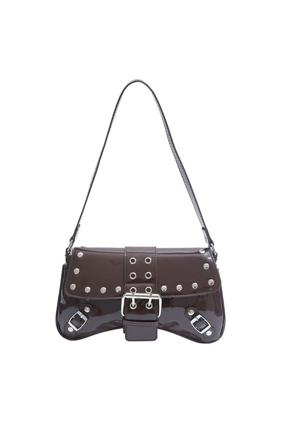 Studded Shoulder Bag Women PU Leather 90s Punk Armpit Bags Casual Handbag Streetwear Underarm Purse for Daily Use Coffee