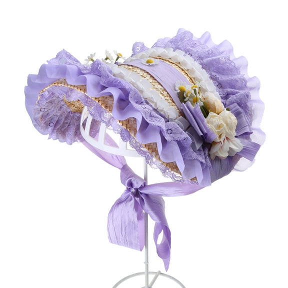 Yoetaun Teas Party SunHat Lace Fascinators For Women Lolit Straw Hat Victorian Bonnet Victorian Headdress Floral Straw Hat Light Purple