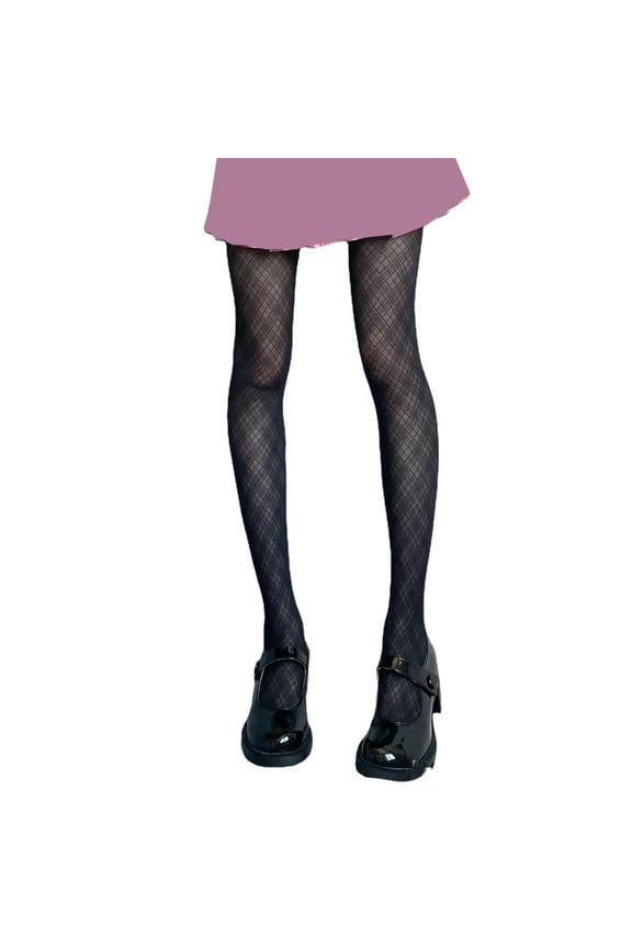 Women Black Pantyhose Vintage Argyle Checkered Tights Black