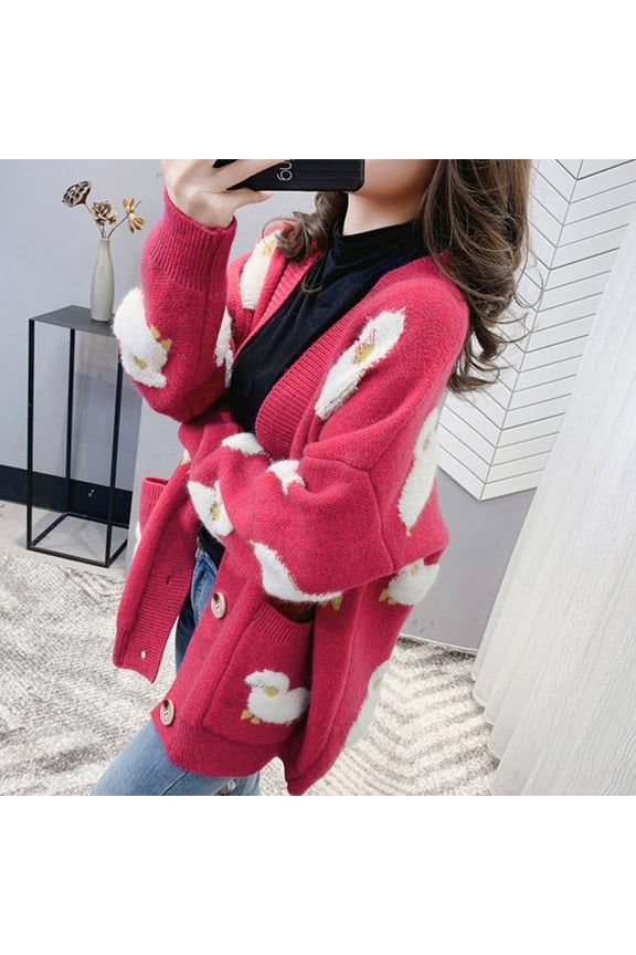 Women Long Sleeve Knit Cardigan Cartoon Sheep Button Sweater Coat with Pockets Green