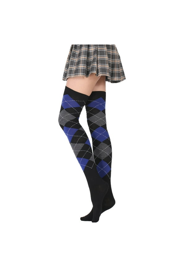 Women Student Thigh High Socks Vintage Colorful Argyle Over Knee Stockings Blue