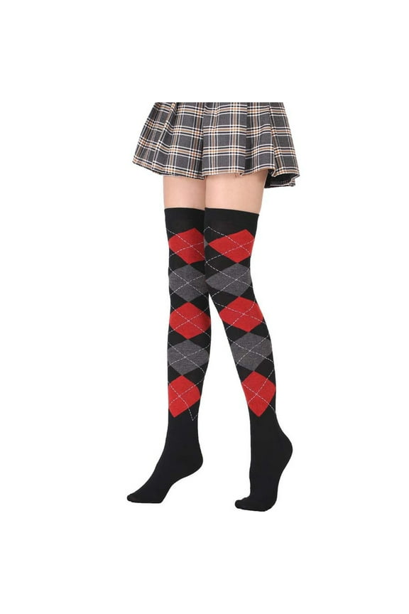 Women Student Thigh High Socks Vintage Colorful Argyle Over Knee Stockings Red