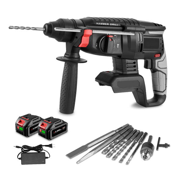 Yofidra Cordless Hammer Drill 4 Modes Chipping Hammers Multi-function Rotary Tool Brushless Electric Hammer Power Drill Driver Set With 2PCS Battery