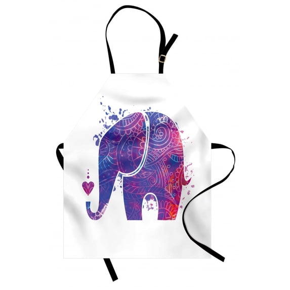 Yoga Apron Ethnic Floral Elephant Silhouette with Color Splatters and a Little Heart, Unisex Kitchen Bib Apron with Adjustable Neck for Cooking Baking Gardening, Pink Blue and Vermilion, by Ambesonne